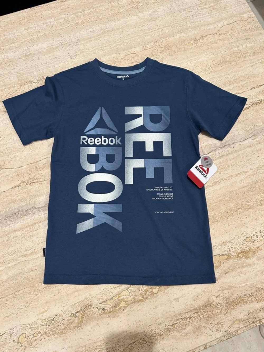 NEW 🆕 Reebok Navy Silver Logo Tee with tags 10-12 years - Picture 1 of 3